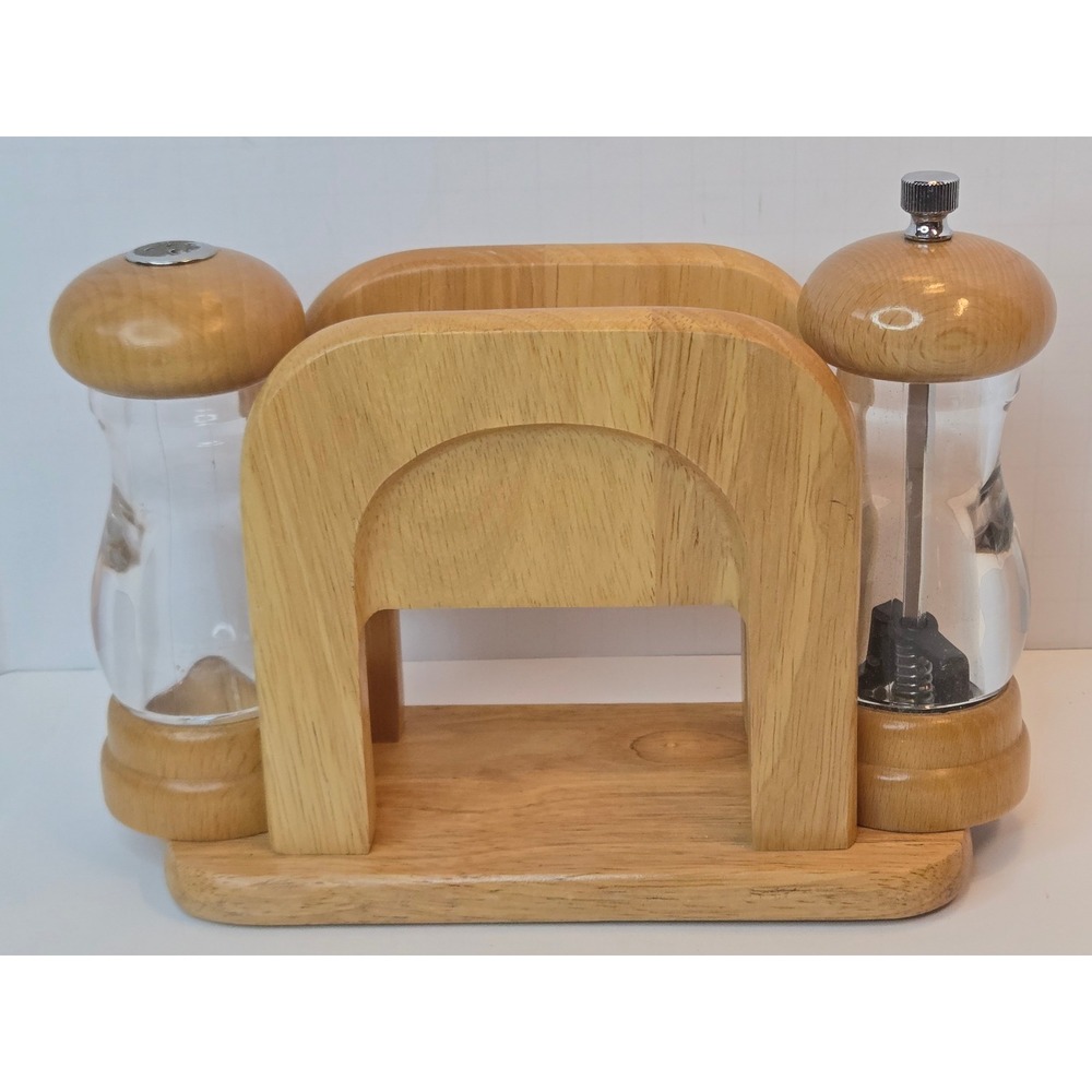 Olde Thompson Wood Salt & Pepper Shaker Set with Napkin Holder Base 3 Piece